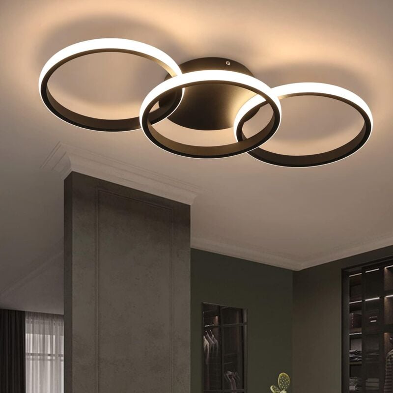 Plafonnier led Salon - Noir Moderne 3000K Blanc Chaud Éclairage de Plafond avec 3 Anneaux Lustre Intérieur Chambre Lumière pour Salle a Manger