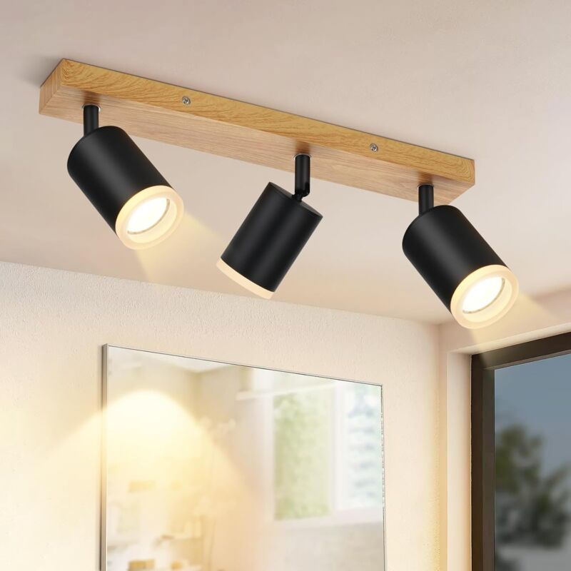 Plafonnier led Spot de Plafond 3 Ampoules - Plafonnier GU10 Bois Noir Lampe de Cuisine Pivotante à 350° Spots de Plafond Vintage Industriel pour