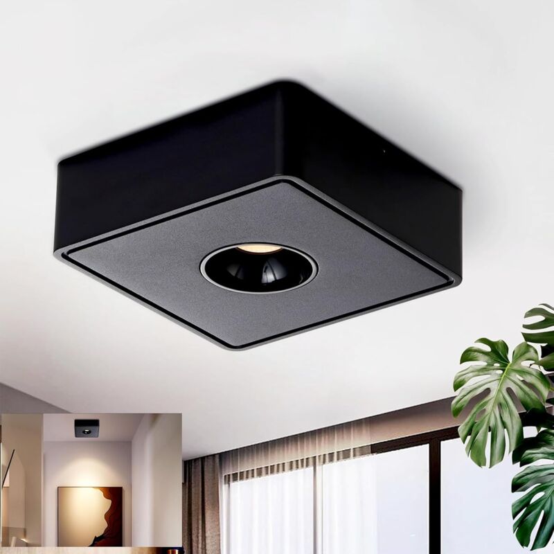 ZMH plafonnier LED spot en saillie carré, 132x132mm, noir, 7W Spot de plafond, Plafonnier Aluminium, éclairage plafond, 3000 Kelvin, blanc chaud