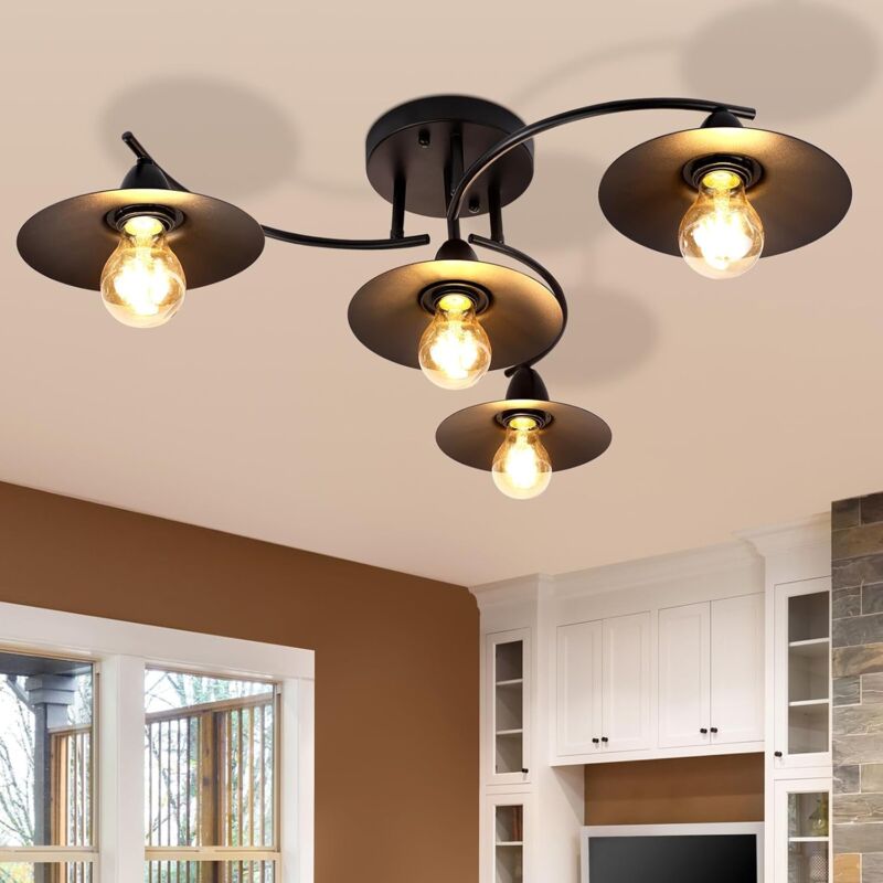 Plafonnier vintage E27 - Rétro - Noir - Lampe de salon 4 ampoules - Lampe de couloir industrielle - Lampe d'intérieur pour chambre à coucher