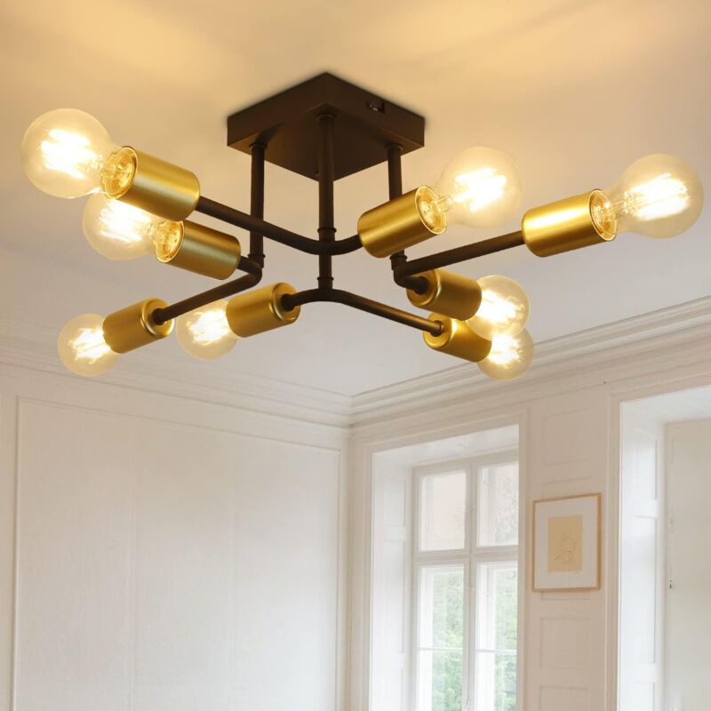 Plafonnier Noir et or vintage, E27 8-Lumières lampe de salon industriel lampe de chambre pour salon cuisine Chambre bar salle à manger lustre en