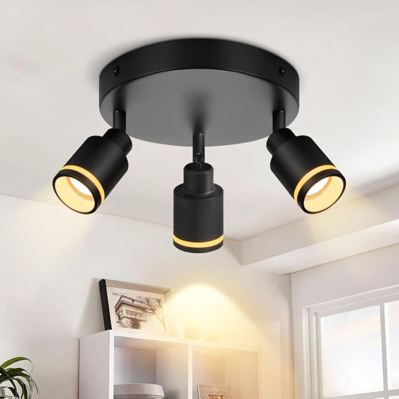 Plafonnier Noir Plafonnier Moderne : 3 Ampoules Plafonniers Pivotants Lampe de Cuisine Lampe de Couloir en Métal Lampe de Plafond Ronde Noire GU10