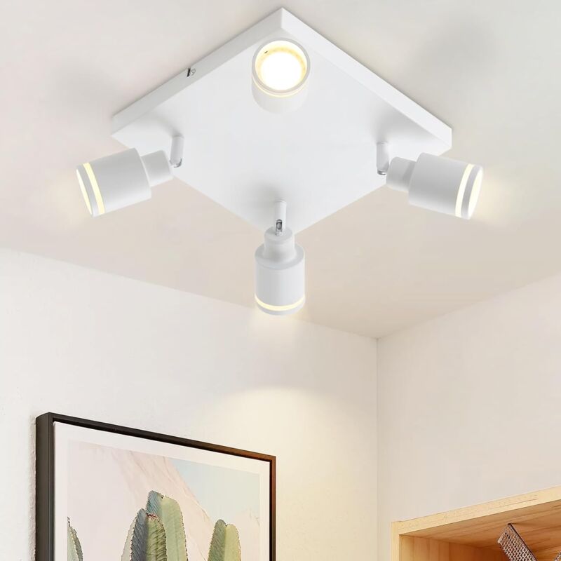 Plafonnier Plafonnier Moderne 4 Ampoules : Spots de Plafond Pivotants GU10 Plafonnier Spot Lampe de Cuisine Lampe de Couloir Carrée en Métal en Blanc