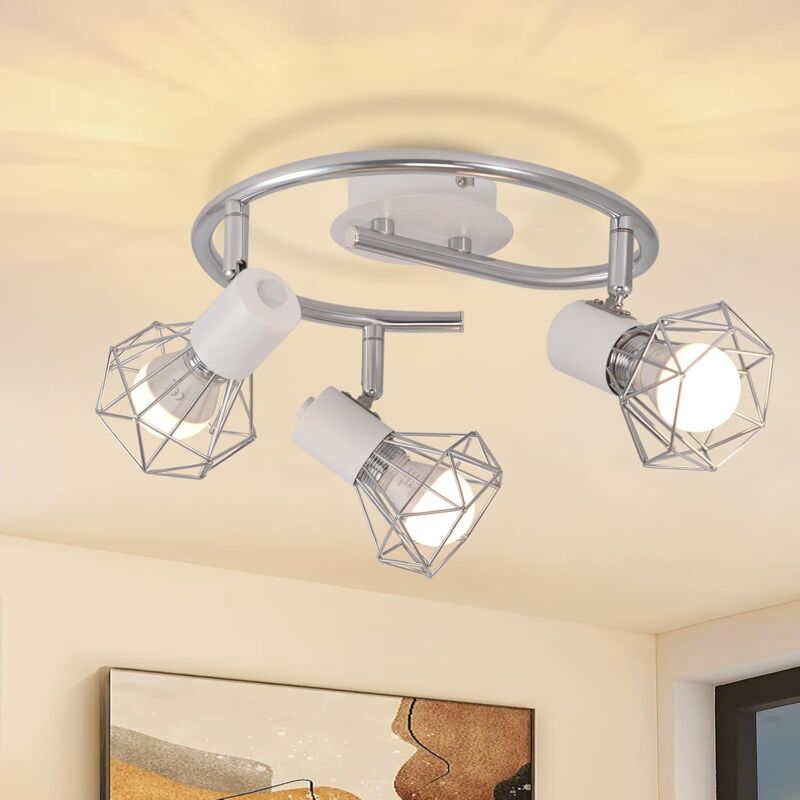 ZMH Plafonnier Rond à 3 Lampes - Luminaire de Plafond Industriel Rétro E14 Blanc en Métal Orientable pour Salon Chambre Bureau Couloir Cuisine