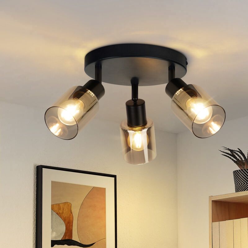 Plafonnier Spot de plafond 3 ampoules noir : vintage plafonnier rétro E14 spots de plafond industriels couloir en verre et métal spot orientable pour
