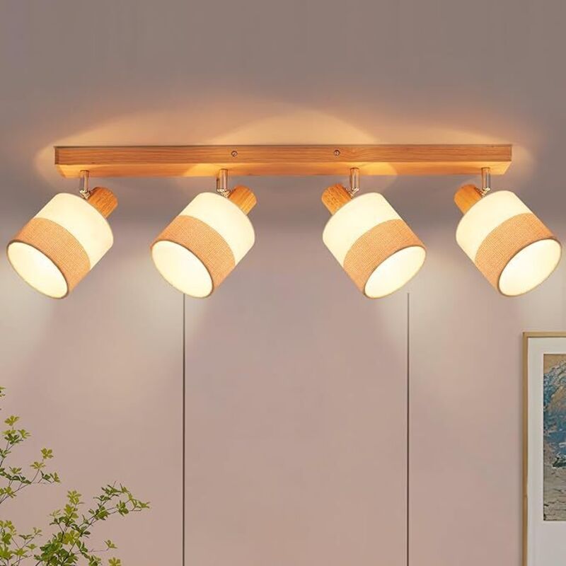 Plafonnier Vintage 4 Flammes Spot de Plafond en Bois Culot E14 Abat - jour en Tissu Orientable 350° Rétro max 25W Pour Couloir Cuisine Salon Chambre