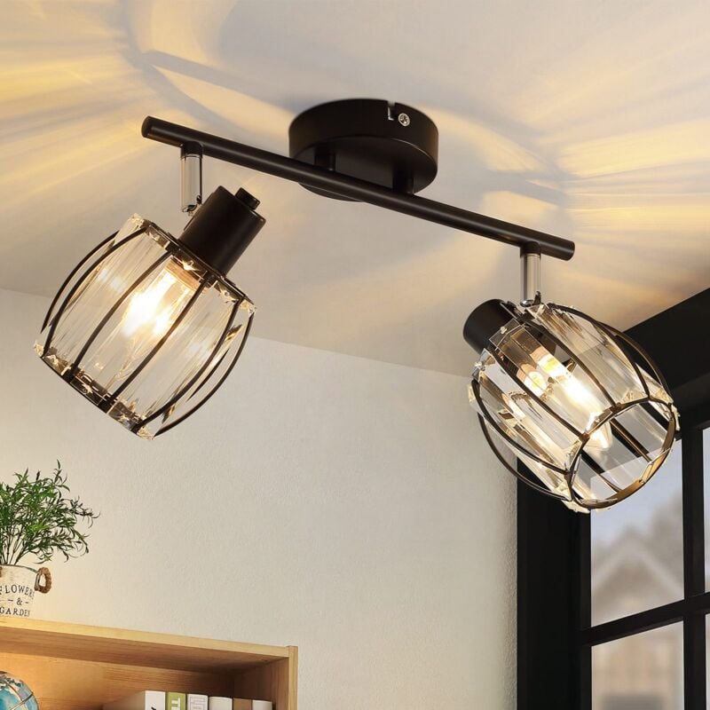 Plafonnier Vintage Spot de plafond 2flammes - Lampe de plafond Abat-jour en cristal Retro Spot industriel E14 Noir 350°Pivotant Lampe de couloir pour
