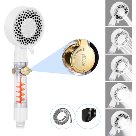 ZMH Pommeau de Douche ronde avec Bouton Stop - Blanc avec 5 jets à haute pression augmentant l'économie d'eau Douche à main avec 1,5 m de tuyau - Handheld Shower avec bouton de réglage du débit d'eau