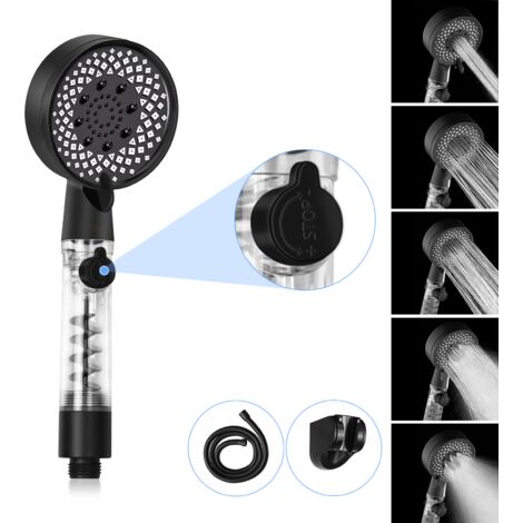 ZMH Pommeau de Douche ronde avec Bouton Stop - Noir avec 5 jets à haute pression augmentant l'économie d'eau Douche à main avec 1,5 m de tuyau - Handheld Shower avec bouton de réglage du débit d'eau