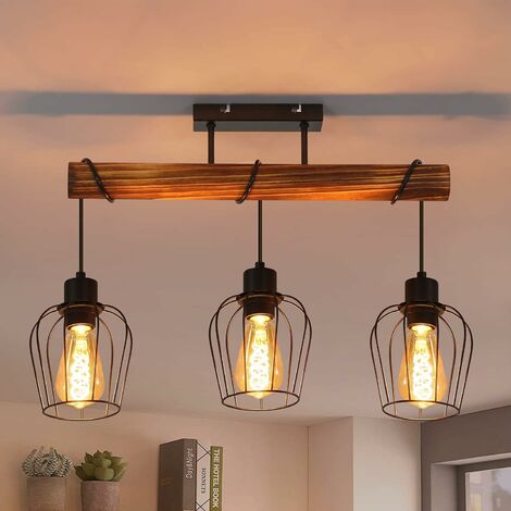 ZMH Retro Deckenleuchte Vintage Deckenlampe 3 flammige Holz Wohnzimmerlampe im Industrial Design mit Höhenverstellbaren Strahlern aus Metall und Holz Schwarz Fassung: E27 ohne Leuchtmittel