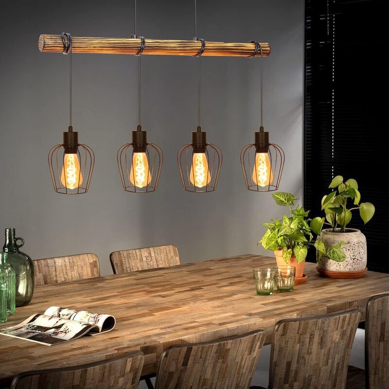 ZMH - Suspension luminaire, rétro et vintage, à 4 lampes en bois, pour salle à manger, design industriel avec spots réglables en hauteur, noire,