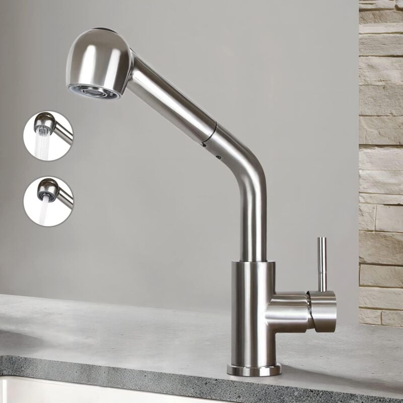 ZMH Robinet de cuisine Robinet de cuisine extractible Douchette - Robinet avec douchette Robinet d'évier en acier Inox avec 2 types de jets 360°