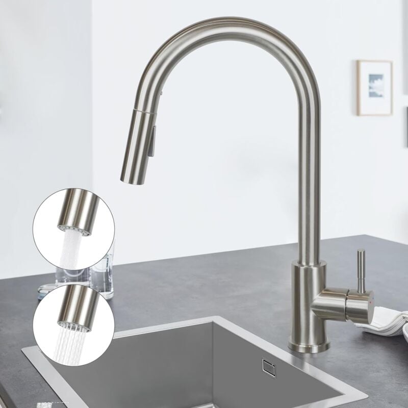ZMH Robinet de cuisine Robinet de cuisine extractible - Robinet d'évier avec douchette Mélangeur évier 360° rotatif Robinet en acier inoxydable avec