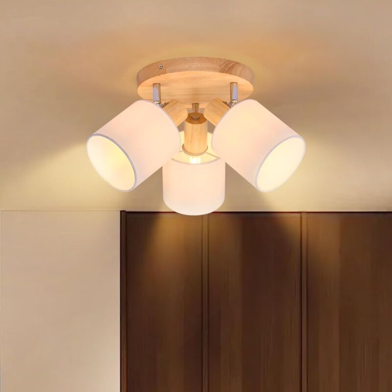 Spot de Plafond 3 Ampoules Plafonnier Salon - Plafonnier Rond en Bois Spot de Plafond E14 Vintage Pivotant 350° Style Maison de Campagne Chambre
