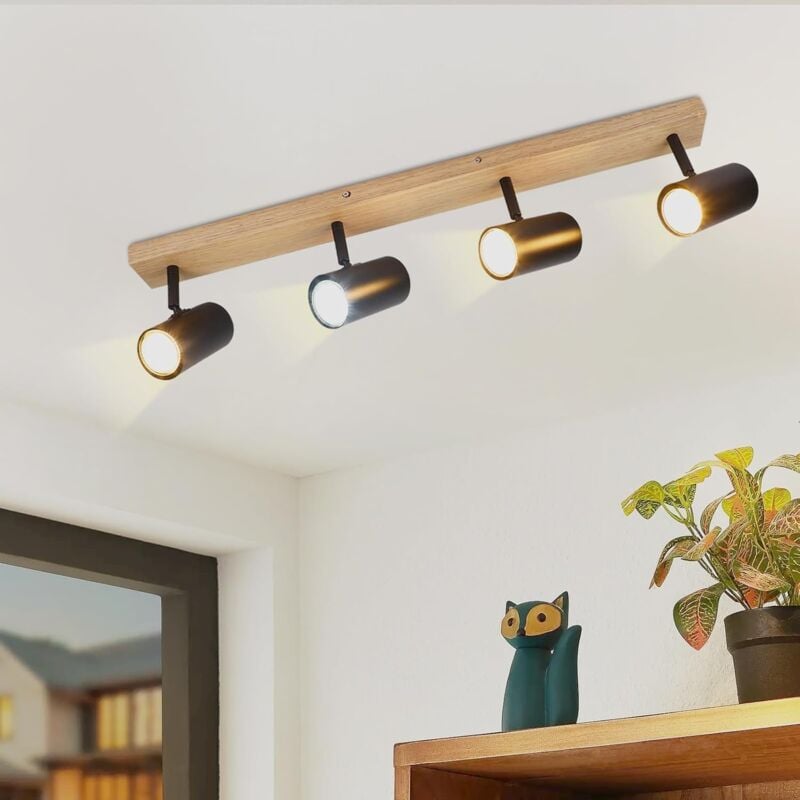 ZMH - Spot de Plafond 4 Ampoules Plafonnier en Bois - Spots de Plafond Noirs Lampe de Couloir GU10 Pivotant à 350° Plafonnier Vintage Couloir pour