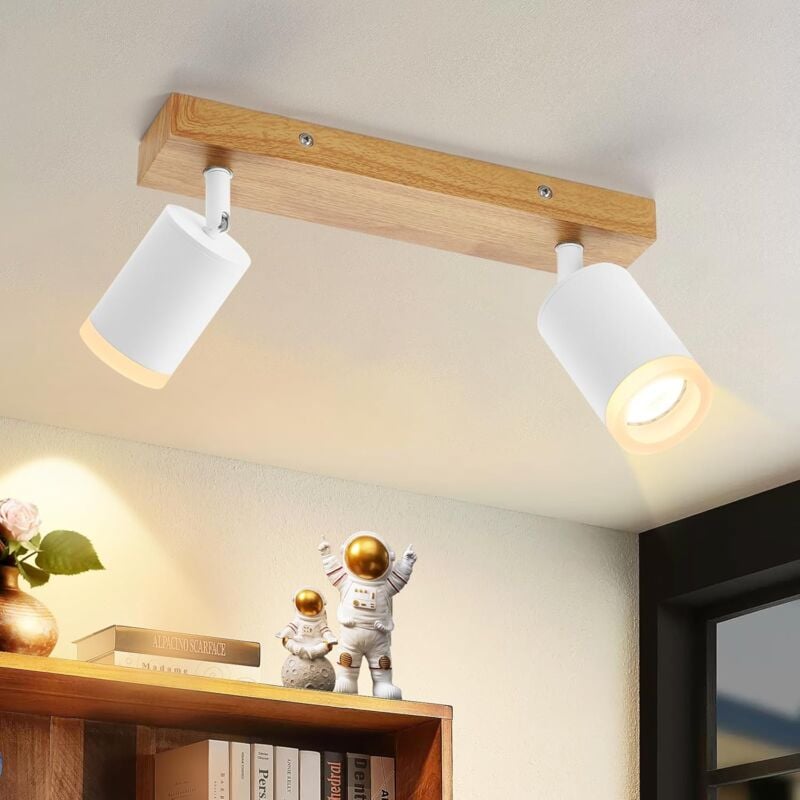 ZMH - Spot de Plafond Spots de Plafond 2 Ampoules Blanc - Lampe de Cuisine Spot Mural GU10 en Bois Rotatif à 350° Spot de Couloir Vintage Industriel