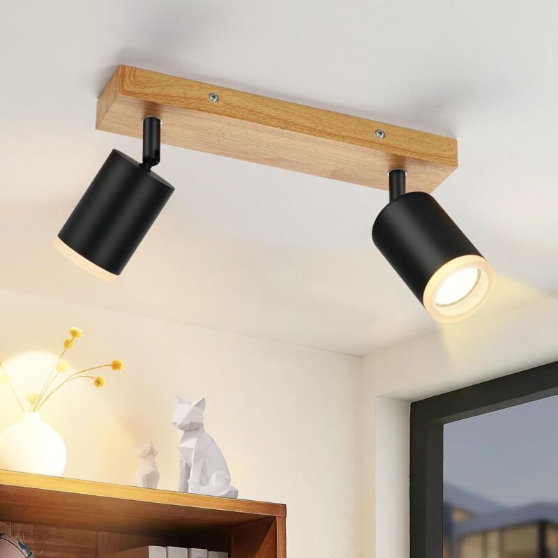 Spot de Plafond Spots de Plafond Noirs 2 Ampoules - Lampe de Cuisine Spot Mural en Bois GU10 Rotatif à 350° Spot de Couloir Vintage Rétro Industriel