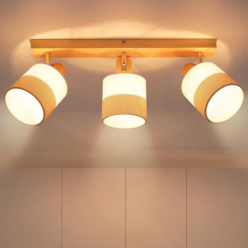 Spot Encastré 3 Flammes Plafonnier en Bois Luminaire Vintage E14 Abat - jour en Tissu Rétro Orientable 350° Spot de Plafond max 25W Pour Couloir
