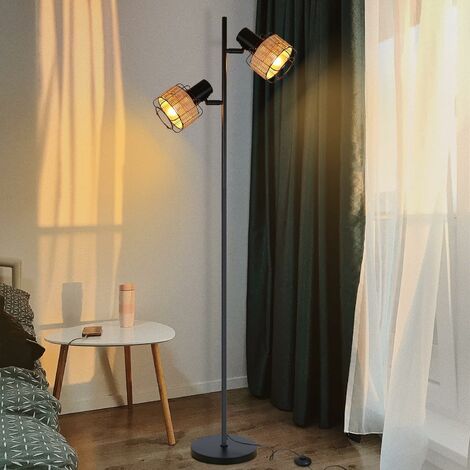 ZMH Stehlampe wohnzimmer Stehleuchte schwarz Standleuchte E27 Fassung Boho Schwarz Lampe aus Rattan Metall landhaus für Schlafzimmer(Ohne Leuchtmittel)