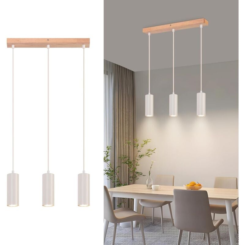 ZMH - Suspension 3 flamme GU10 Bois - Moderne Blanc Table de salle à manger Suspension Réglable en hauteur 150cm Lampe de couloir pour salon chambre
