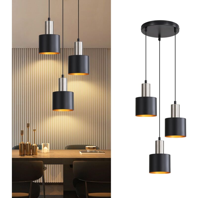Suspension E27 Lampe Suspendue Vintage - Lampe de Cuisine Suspendue 3 Ampoules Lampe de Salle à Manger Suspension Or Noir Îlot de Cuisine Lampe