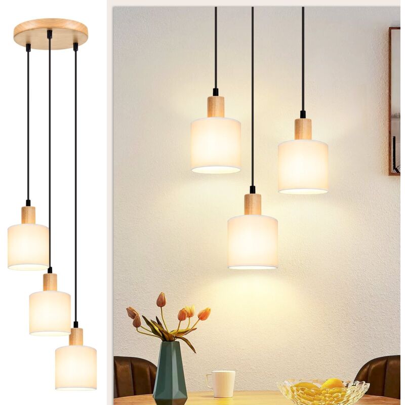 Suspension en bois Lampe de table à manger Vintage - Lampe à suspension de table à manger E14 Suspension blanche Lampe à 3 flammes ronde Lampe de