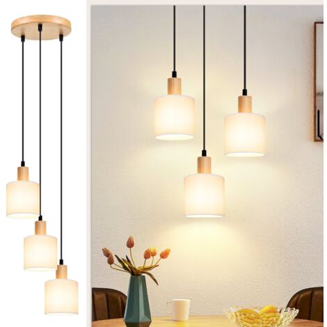 ZMH Suspension en bois Lampe de table à manger Vintage - Lampe à suspension de table à manger E14 Suspension blanche Lampe à 3 flammes ronde Lampe de table à manger