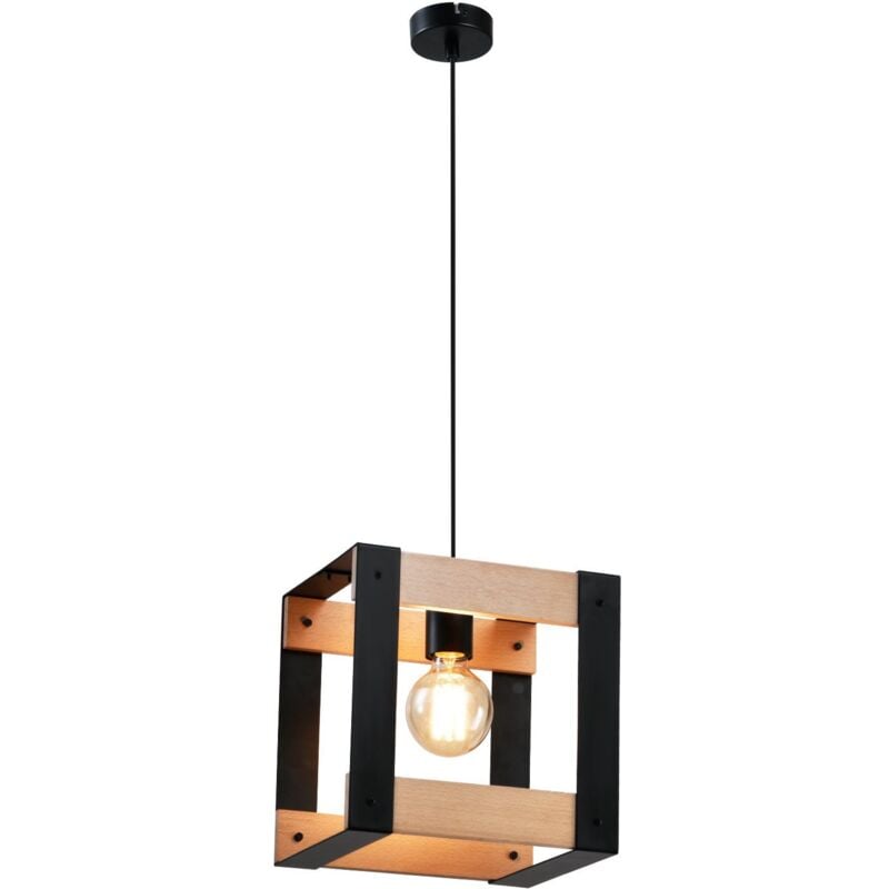 ZMH - Suspension en bois pour table à manger - Lampe suspendue en métal noir industriel avec douille E27, lampe suspendue rétro, lustre suspendu pour