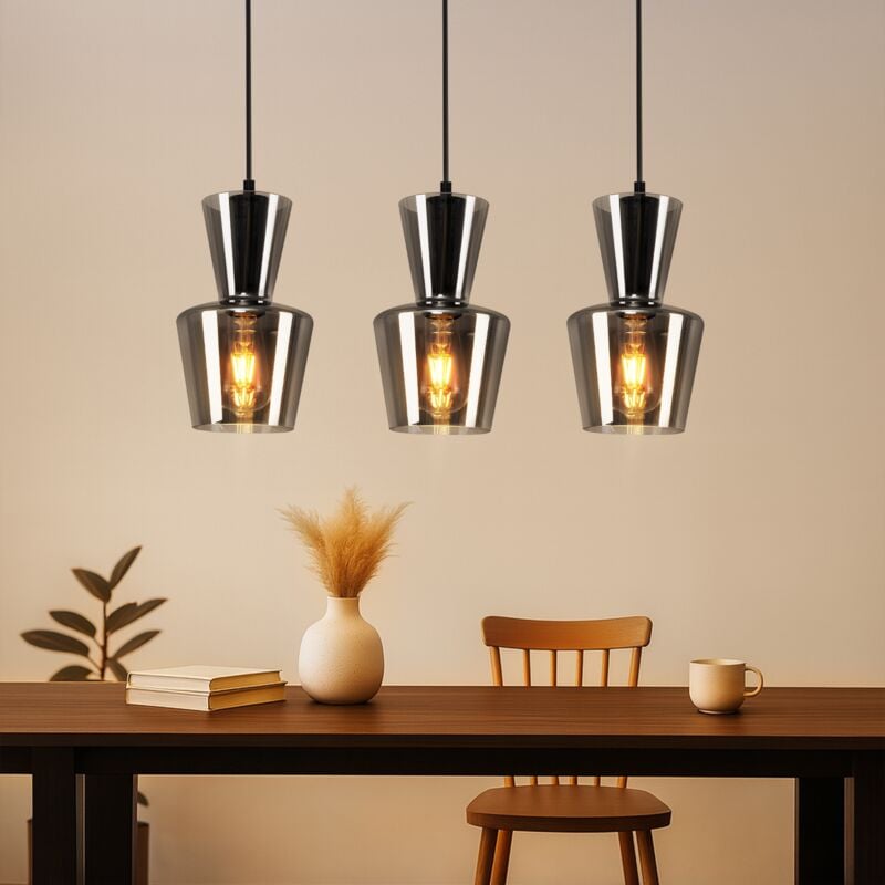 Suspension - lampe suspension salon E27 lampe table à manger gris fumé lampe suspension 3 flammes verre vintage lampe suspension rétro salle à manger