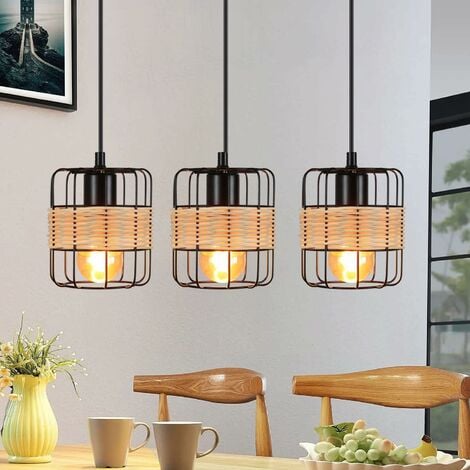 Lot De 3 Lampes Suspendues Style Bohème Vintage En Rotin Avec