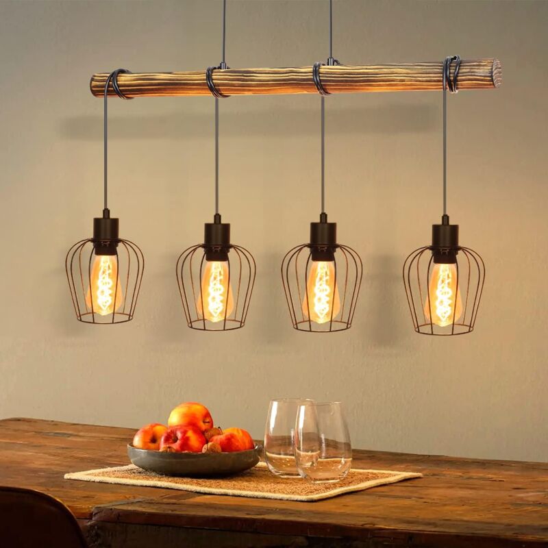 Suspension rétro vintage en bois à 4 lampes pour salle à manger Design industriel avec spots ajustables en hauteur couleur noir Culot E27 ampoule non