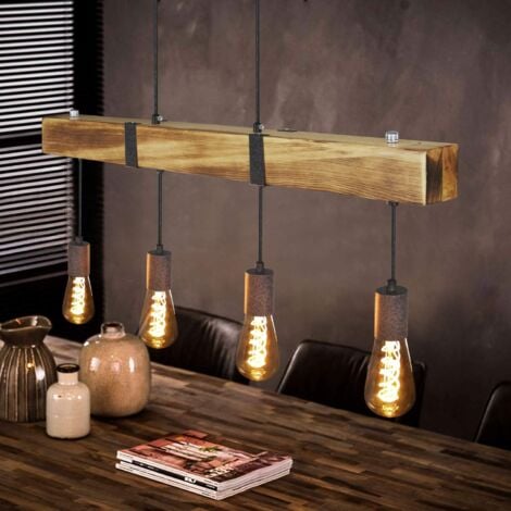 ZMH suspension vintage lampe de table à manger en bois rétro avec poutres en bois 80CM, 4 x E27 max. 25 watts, Suspension industrielle réglable en hauteur pour salle à manger cuisine bar restaurant