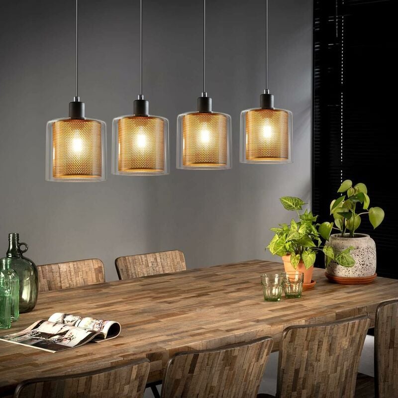 Vintage Suspension Table à manger Lampe suspendue: 4 flammes E14 chacune Max. 25W suspension, suspension en verre et métal, couleur : noir et or,