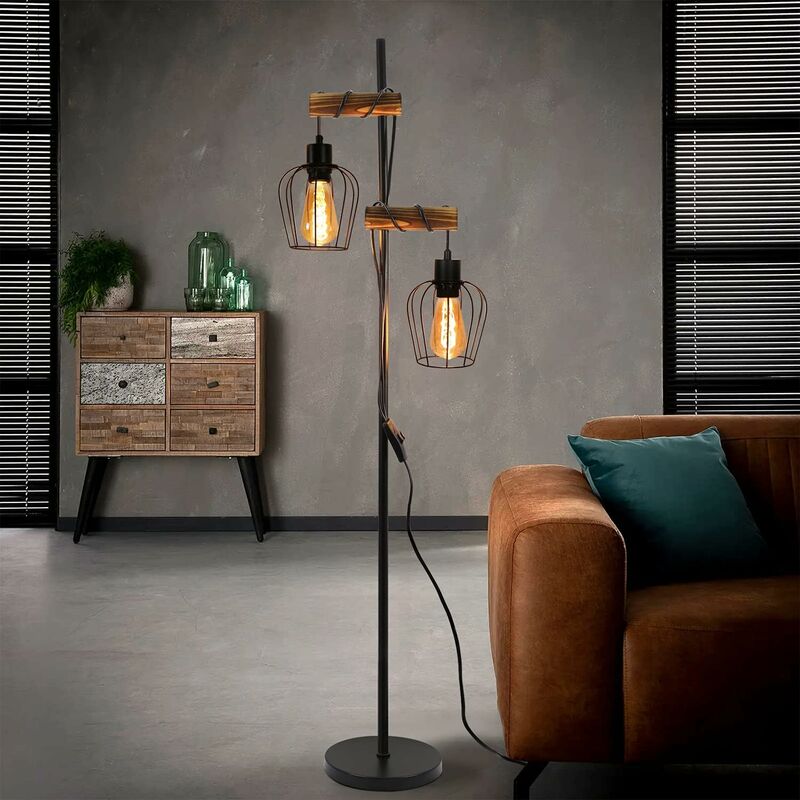 ZMH - Lampadaire vintage, pour salon, à 2 lampes, design industriel, en métal et bois,avec interrupteur, noir, culot : E27, hauteur : 163 cm, sans