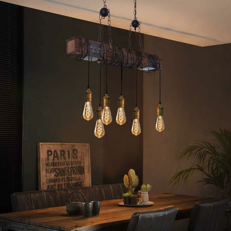 ZMH - Vintage Pendelleuchte Haengelampe esstisch 6-Flammige Haengeleuchte aus Holz Pendellampe balkenleuchte Retro Esstischlampe 80CM Holzbalken E27