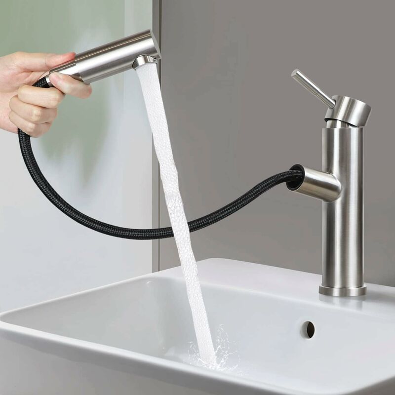 ZMH - Robinet de salle de bains Robinet de lavabo en nickel brossé avec douchette extractible Robinetterie mitigeur basse pression Robinet d'eau