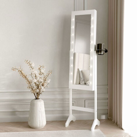Zoey White Standing Full Length Jewellery Mirror Cabinet with LED Lights & Hair Dryer Holder 6 Drawers Shelves Storage For Makeup Bedroom Cosmetics