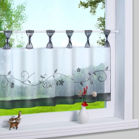 ZOLGINAH 1 lot de rideaux brise-bise à passants Motif fleurs brodées Petit rideau de café Terri, 60 x 120 cm, gris