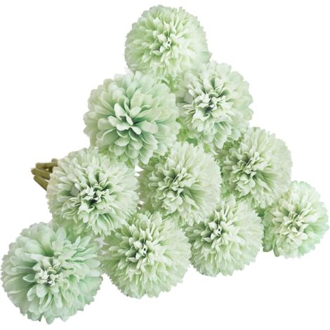 ZOLGINAH 10 fleurs d'hortensia artificielles en soie, pompon, chrysanthème, boule de fleurs avec tige flexible en soie pour jardin, fête, bureau, décoration de mariage, bouquet de fleurs (vert)