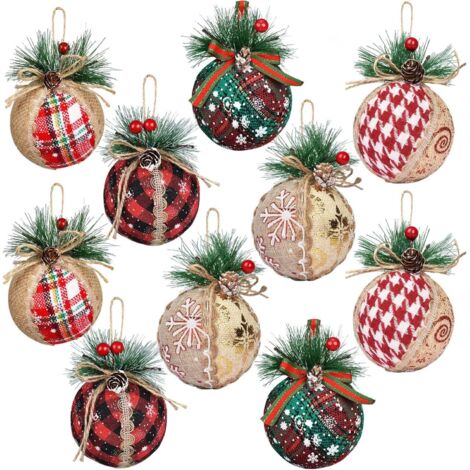 ZOLGINAH 10 Pièces Boules de Noël, Jute Plastique Boules de Noel Ornements Noël Boule avec Rouges Baie Aiguilles de Pin, Pommes de Pin Noël Suspension pour Maison Noël Sapin Décoration
