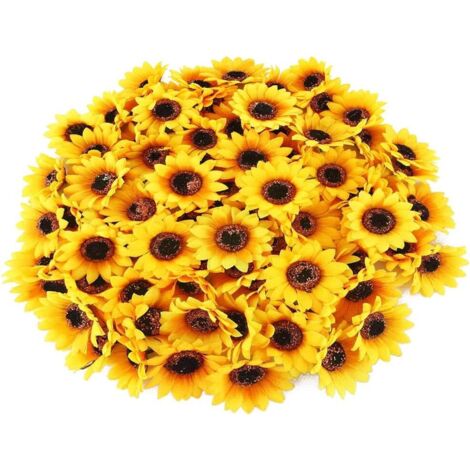 ZOLGINAH 100pcs Fleur Artificielle Tête en Soie Fleurs Tournesol Jaunes Deco pour DIY Gâteau Couronne Broche Emballage Arrangement de Fleur-4CM