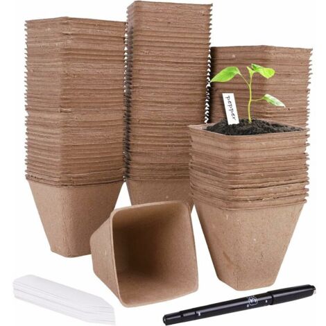 ZOLGINAH 120 Pièces Pots de Semis Biodégradable Godets de Repiquage 8cm Carré Godet Semis Pot Jardinage avec 30 Étiquettes de Plantes pour Graine Légumes Fleurs Succulentes