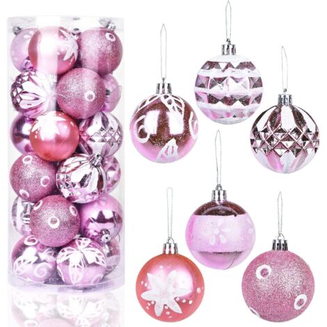 ZOLGINAH 24 Pièces Boules de Noël, Rose Plastique Boules de Noel Ornements Decorative Boule Sapin Noël Suspension Ornements Décoratifs Pendentifs Cadeaux pour Noël Sapin Décoration