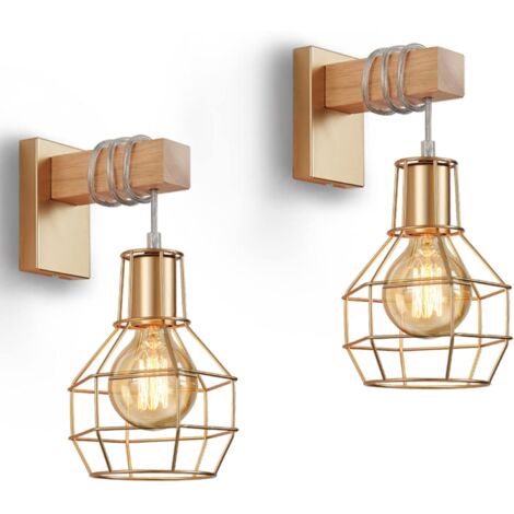 ZOLGINAH 2pcs Applique Murale Cage Intérieur, Vintage Éclairage Mural Industriel en Métal et Bois, Luminaire Lamp Murale Base E27 pour Chambre Cuisine Salle à Manger, Or Sans