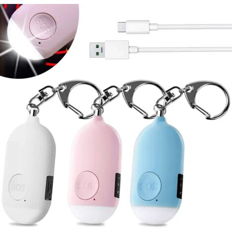 ZOLGINAH 3 pcs 130 DB Alarme Personnelle d'urgence,Rechargeable Alarme de Sécurité avec LED Lampe de Poche Torche Alarme Anti Agression,pour Femme Enfants Personnes Agées Aventurier – Blanc+Bleu+Rose