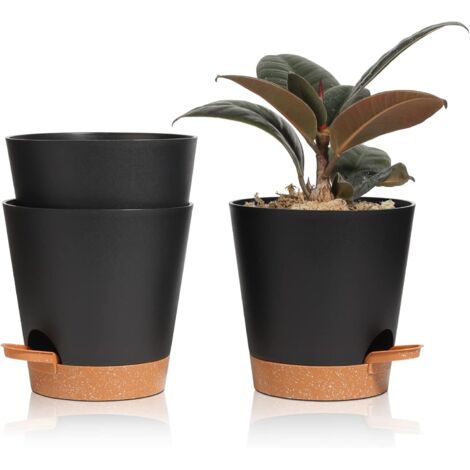 ZOLGINAH 3 Pcs Pots de Fleurs en Plastique 14cm Noir Auto-Arrosant avec Soucoupe avec Système d'arrosage Pot de Fleur Paresseux Convient aux Jardins de Balcon Intérieurs et Extérieurs