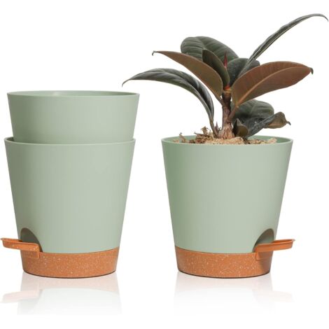 ZOLGINAH 3 Pcs Pots de Fleurs en Plastique 14cm Vert Auto-Arrosant avec Soucoupe avec Système d'arrosage Pot de Fleur Paresseux Convient aux Jardins de Balcon Intérieurs et Extérieurs