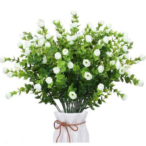 ZOLGINAH 8pcs Fleurs Artificielles Extérieures Résistantes Aux UV 35cm Feuilles D'eucalyptus Artificielles avec Fleurs Plastique Blanc Arbuste pour Noël Vase Intérieur Jardinière Clôture Table Mariage