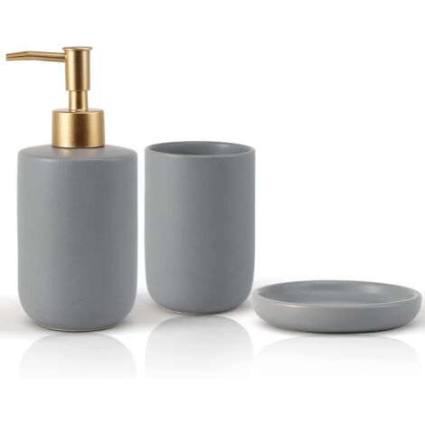 ZOLGINAH Accessoires Salle de Bain en Céramique, Lot de 3 Ensemble Salle de Bain de Luxe, D'accessoires de Salle de Bain avec Distributeur de Savon, Gobelets, Porte-Savon, Gris