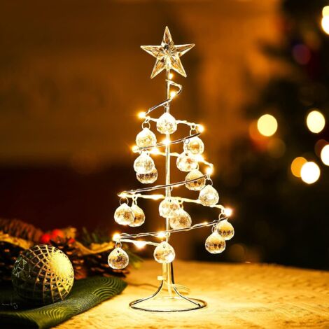 ZOLGINAH Arbre de Noël Lumineux en Métal, Lampe LED Décorative de Sapin de Noël, Decoration Noel Table en Fer en Spirale avec Boules de Cristal, Decoration Noel pour Maison Chambre, 10 Pouces – Argent